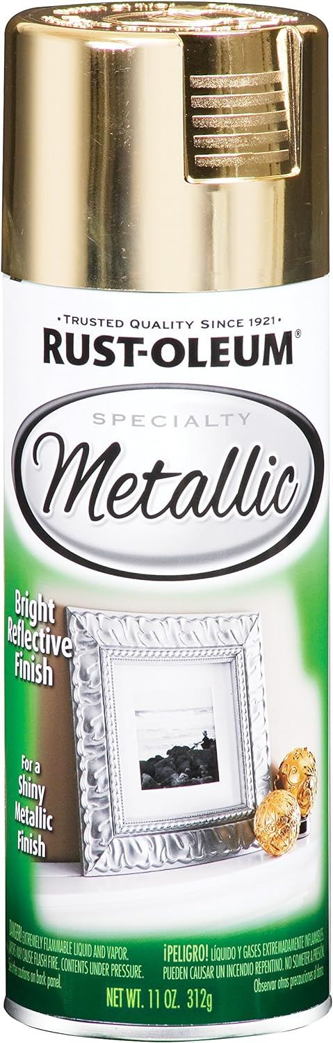 Shows the core product, a Rust-Oleum metallic spray paint can, clearly displaying the brand, product line, and gold metallic finish to help shoppers identify what they are purchasing. Displays the…