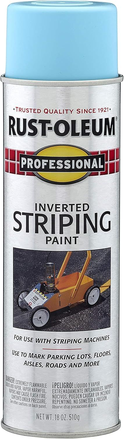 Displays the core product, a Rust-Oleum professional inverted striping paint spray can, clearly showing the brand, product type, and intended use for marking parking lots and roads. Shows the actual…