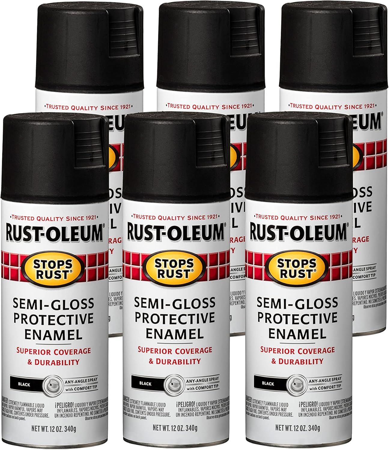 Shows the core product clearly - six cans of Rust-Oleum semi-gloss protective enamel spray paint in black, allowing shoppers to see exactly what they will receive in this multi-pack purchase.