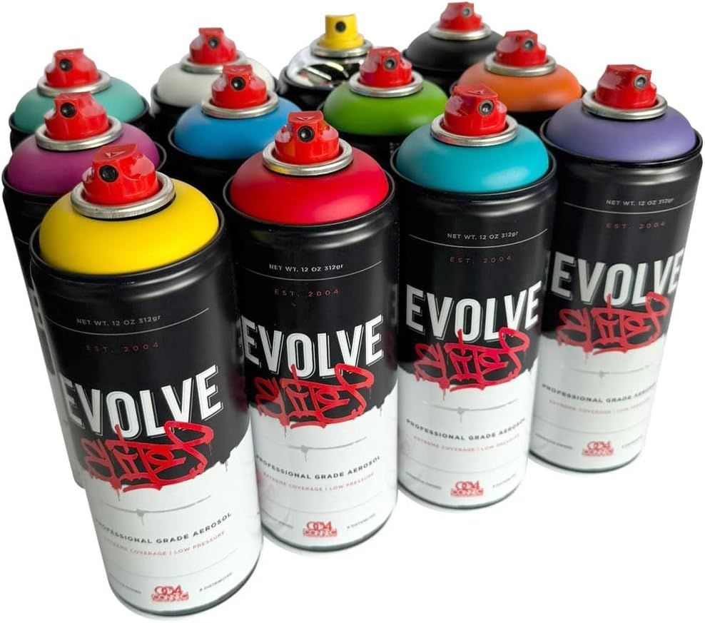 Displays the core product (spray paint cans) with their distinctive colored caps to show the variety of colors available in the product line. Showcases the wide range of color options available for…