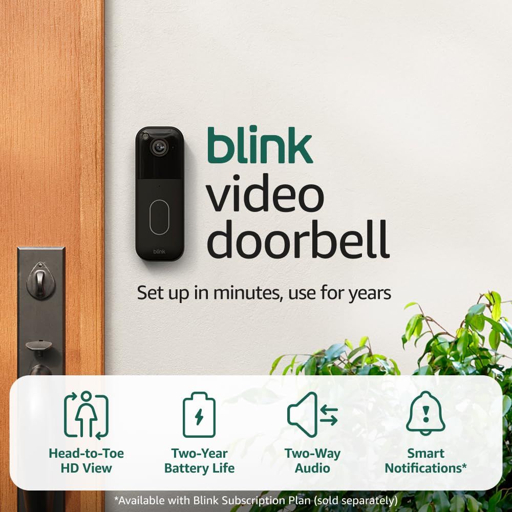 Showcases the Blink video doorbell as the core product in a lifestyle setting, emphasizing its quick setup and durability to reassure shoppers of its convenience and reliability. Displays the…