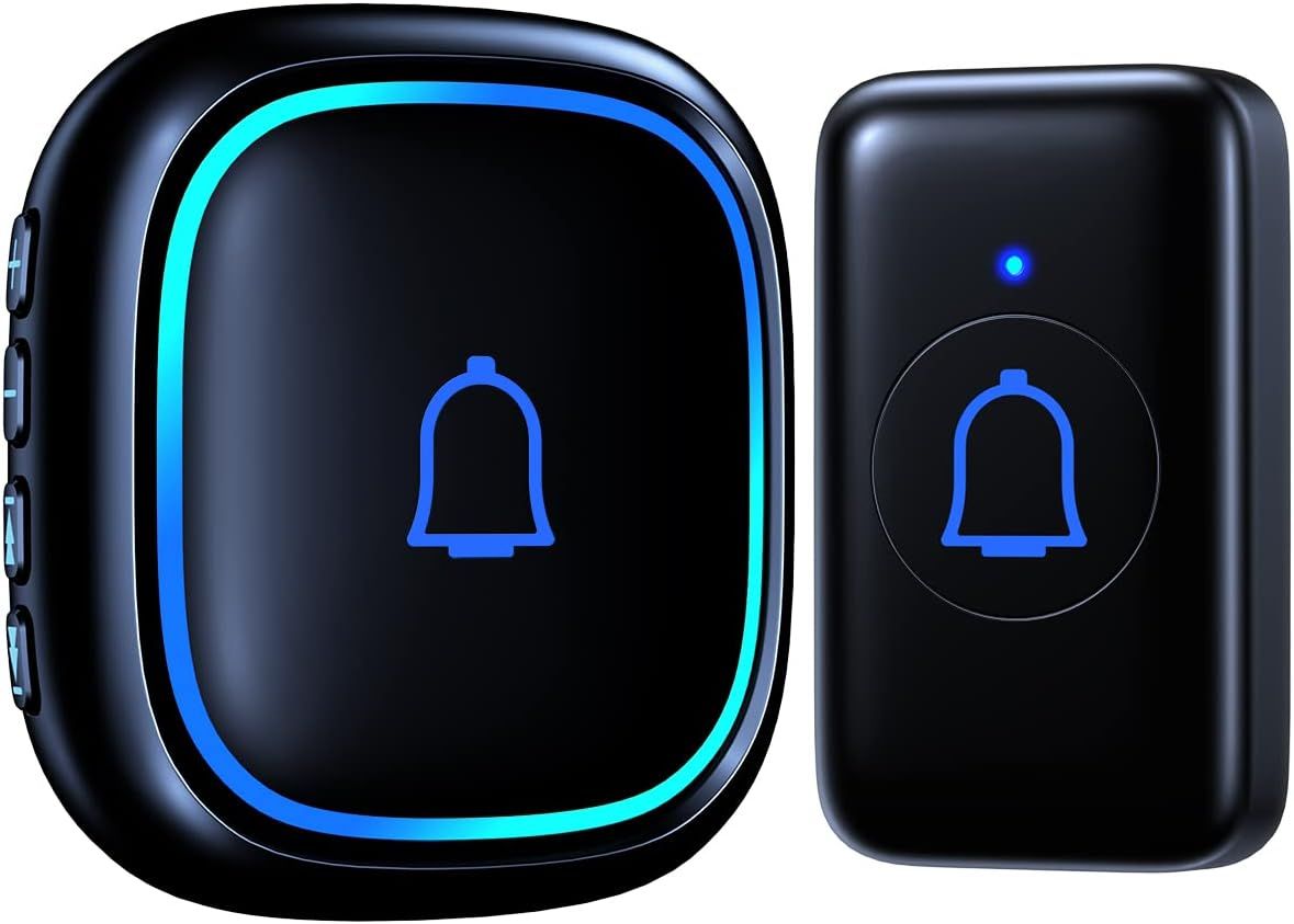 Shows the complete wireless doorbell system with both receiver and transmitter units, displaying the clean product design with illuminated LED indicators to communicate the product's modern…