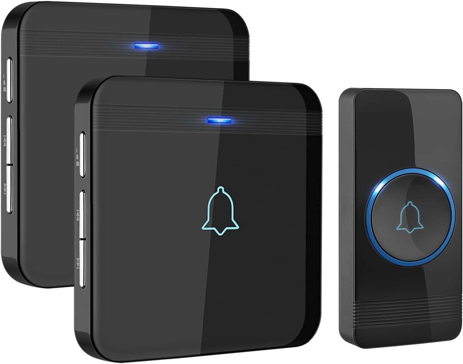 Shows the complete wireless doorbell system with two receivers and one transmitter button to communicate the multi-room coverage capability and what is included in the purchase. Uses subtle drop…