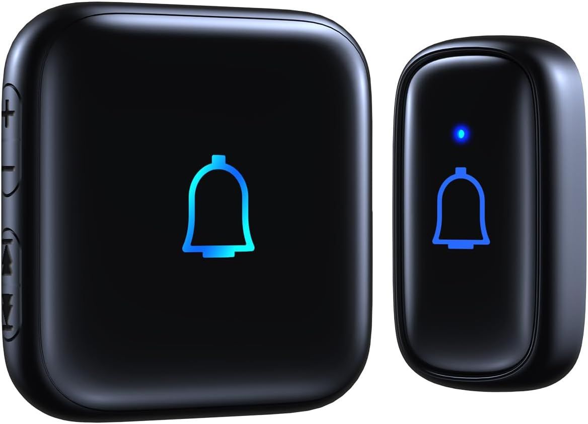 Shows the complete doorbell system with both the receiver unit and the button transmitter, communicating that this is a two-component wireless solution. Uses a clean white background with soft drop…