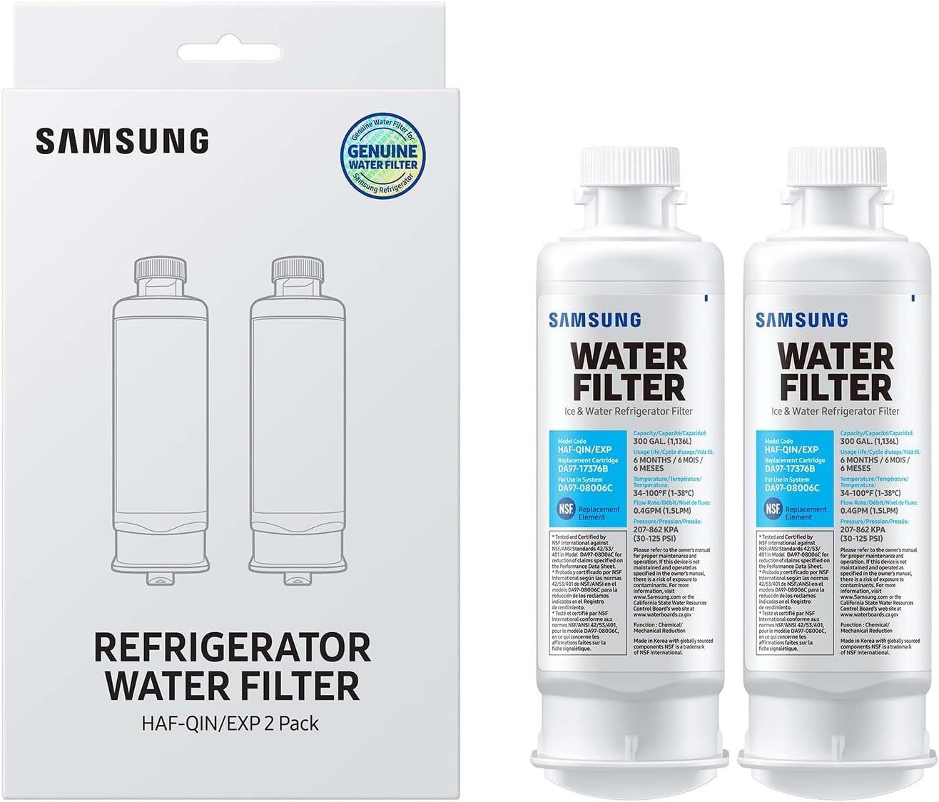 Shows the core product - a 2-pack of Samsung refrigerator water filters - clearly displayed to communicate what the buyer will receive. Displays the retail packaging alongside the actual filters to…