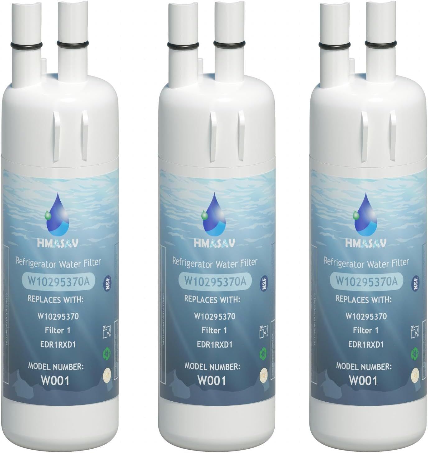 Shows the core product clearly—three identical refrigerator water filters—allowing shoppers to see exactly what they will receive in this multi-pack purchase. Uses subtle drop shadows beneath each…