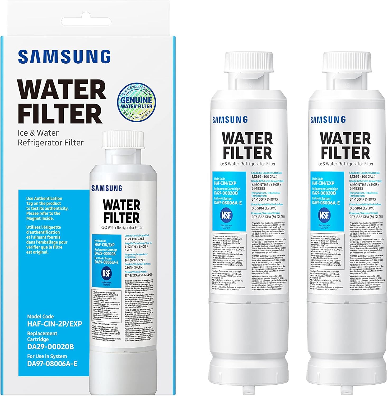 Shows the core product - Samsung water filters for refrigerators - clearly displaying both the retail packaging and the two included filter cartridges to communicate what the buyer receives.…