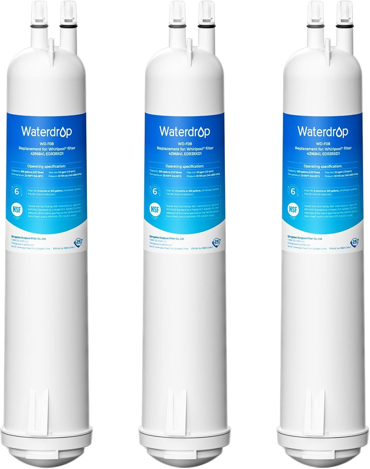 Shows the core product—a 3-pack of Waterdrop refrigerator water filters—clearly displayed on a white background to communicate what the buyer will receive.