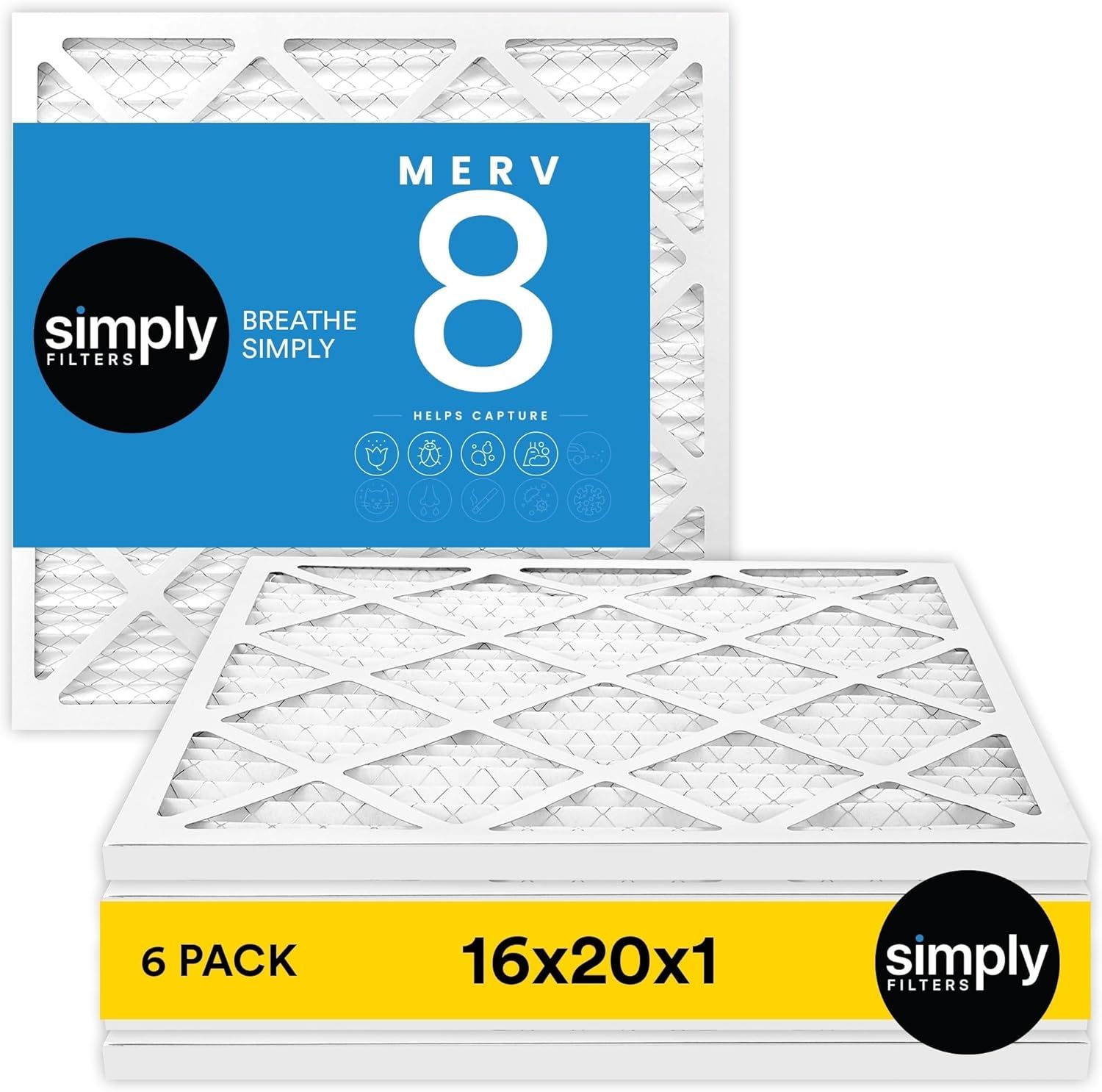 Shows the core product—a 6-pack of 16x20x1 MERV 8 air filters—clearly displaying the filters and packaging to communicate what the shopper will receive. Displays the retail packaging sleeve with…