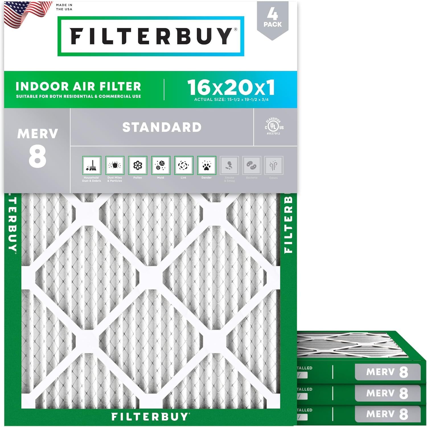 Shows the product in its retail packaging to communicate brand, specifications (16x20x1, MERV 8), quantity (4-pack), and key features (filters household dust, pollen, mold, dander, etc.), helping…
