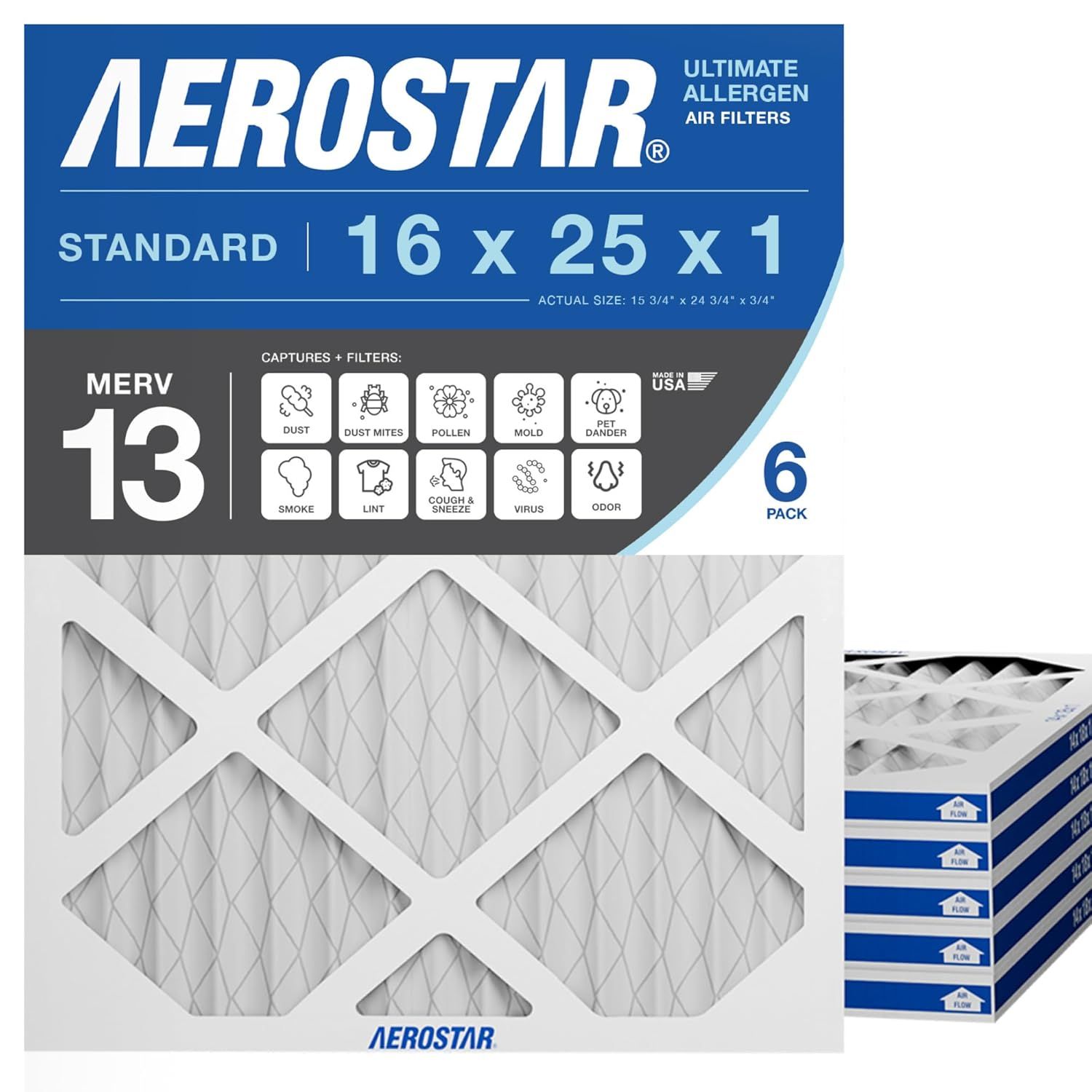 Shows the core product, an air filter with MERV 13 rating, clearly displaying its size, filtration capabilities, and that it comes in a 6-pack to communicate value and functionality to shoppers.…