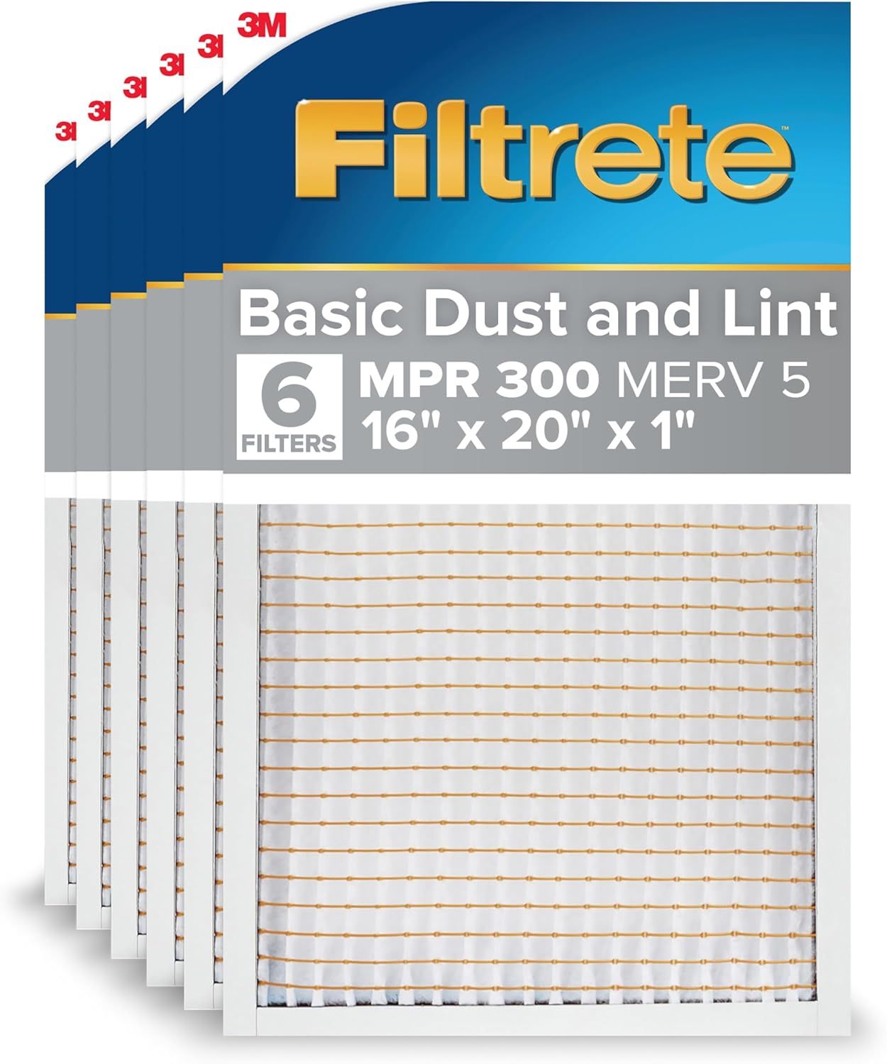 Shows the core product—a 6-pack of 3M Filtrete air filters—clearly displaying the filters and packaging to communicate what the buyer will receive. Displays the retail packaging with brand, product…