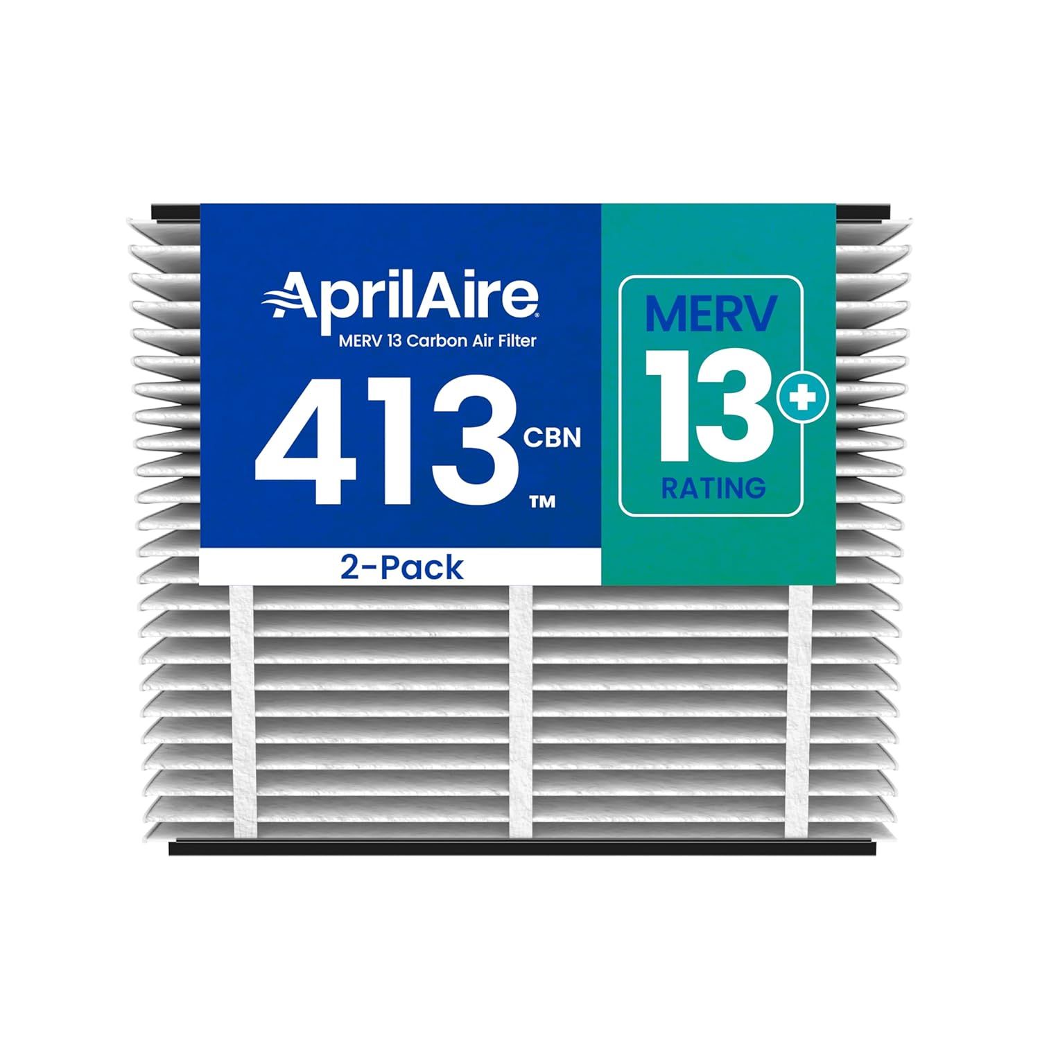 Displays the core product, AprilAire MERV 13 Carbon Air Filters in a 2-pack, showing the physical filter with its pleated design and key product specifications to help shoppers identify the exact…