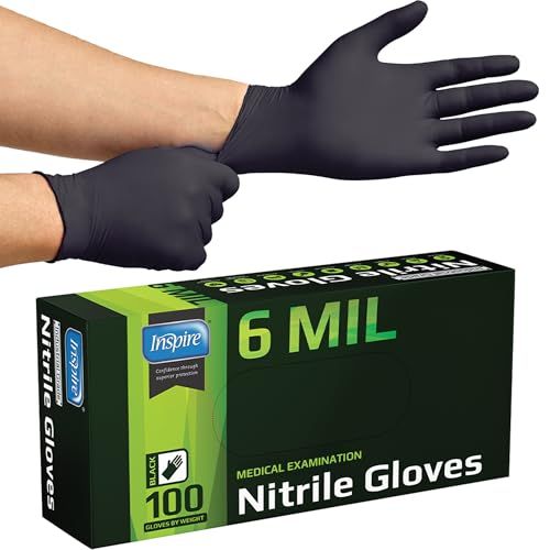 Shows the core product (black nitrile gloves) being worn to demonstrate fit and appearance, alongside the retail packaging to communicate brand, quantity (100 count), and thickness specification (6…