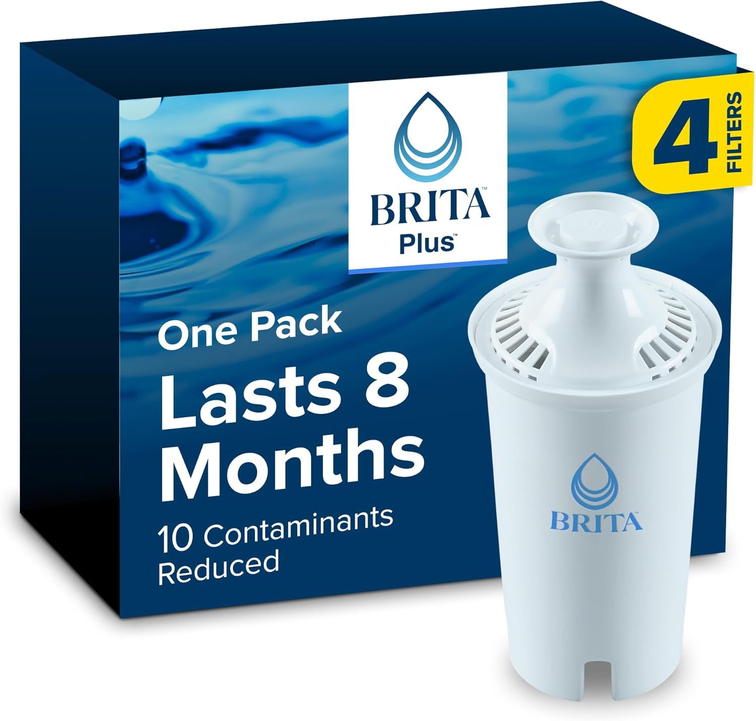 Shows the core Brita Plus water filter cartridge and communicates its 8-month lifespan and contaminant reduction capability to reassure shoppers of long-lasting value and water quality. Displays the…