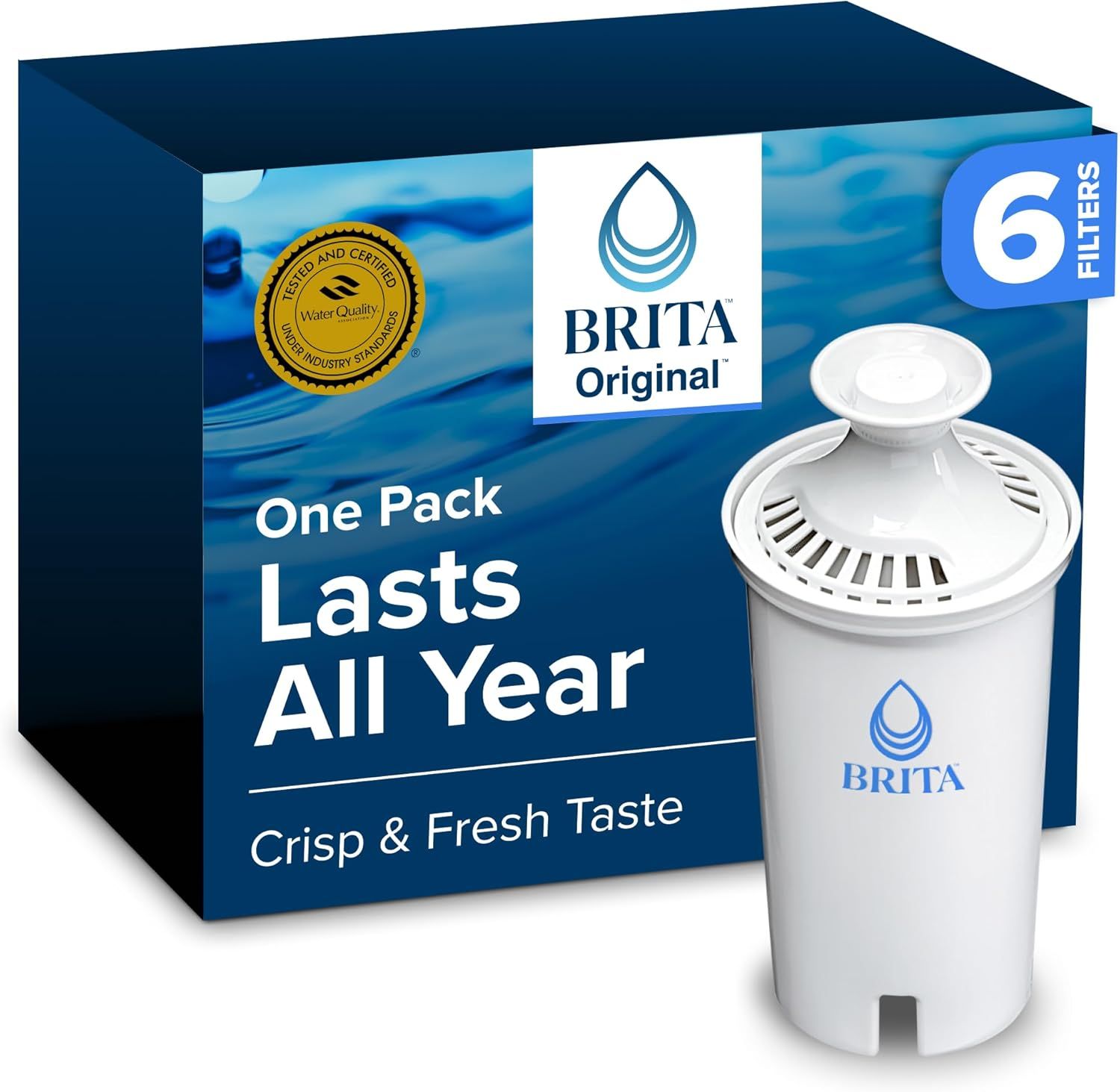 Shows the Brita Original water filter as the core product, emphasizing its longevity (lasts all year) and quality (crisp and fresh taste) to reassure shoppers of its value and performance. Displays…