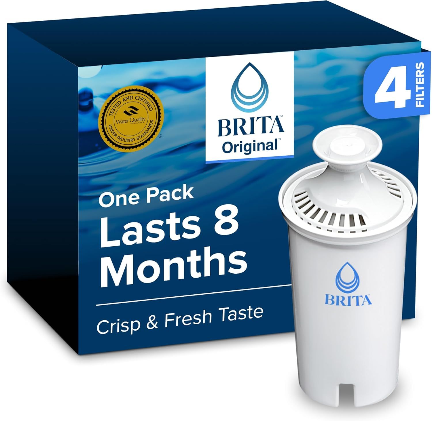 Shows the Brita Original water filter product and its retail packaging to communicate what the shopper will receive, emphasizing the 8-month lifespan and crisp fresh taste benefit. Displays the…