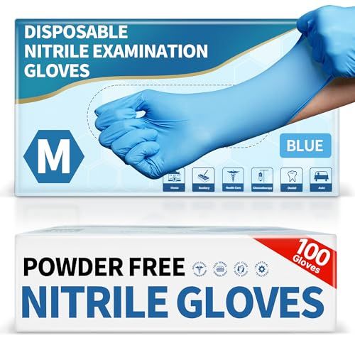 Shows the core product packaging for disposable nitrile examination gloves, communicating key product attributes like powder-free formula, size, color, and quantity to help shoppers quickly identify…