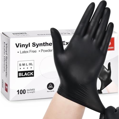 Displays the core product (black vinyl gloves) alongside its retail packaging to show shoppers exactly what they will receive, emphasizing key features like latex-free and powder-free construction.…