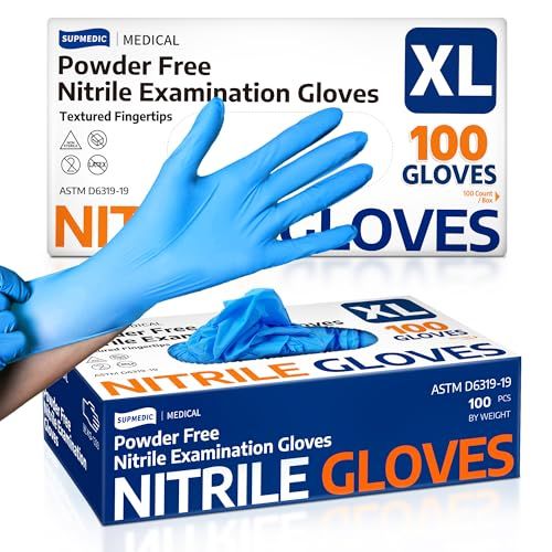 Displays the core product (nitrile gloves) along with its retail packaging to show shoppers exactly what they will receive, including size (XL) and quantity (100 gloves). Shows the physical retail…