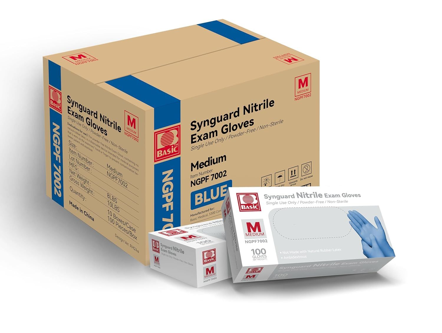 Shows the core product—nitrile exam gloves—in both bulk case and individual box packaging to communicate the product format and quantity options available to the buyer. Displays the physical retail…