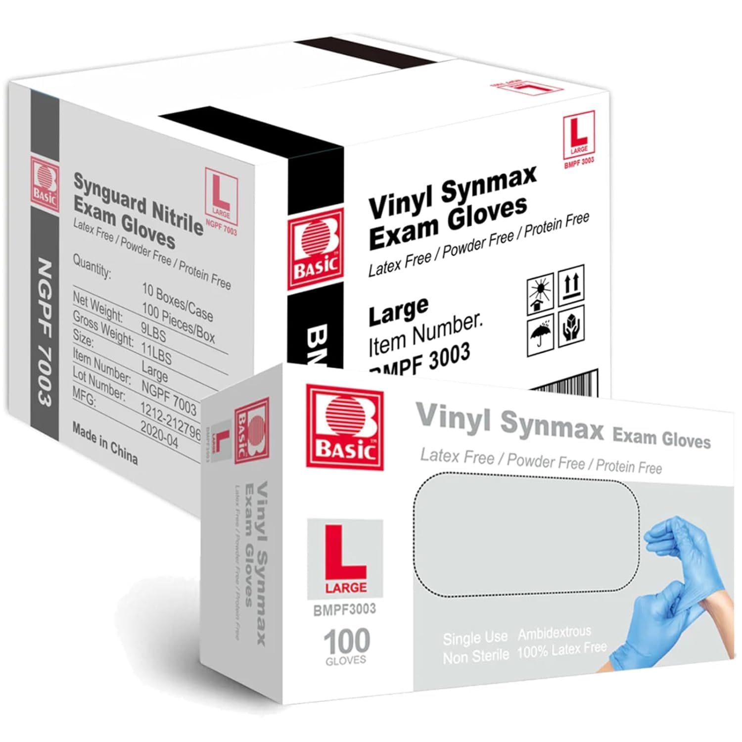 Displays the retail packaging of vinyl exam gloves to communicate the product specifications, quantity (100 gloves), size (Large), and key features (latex-free, powder-free, protein-free) to help…