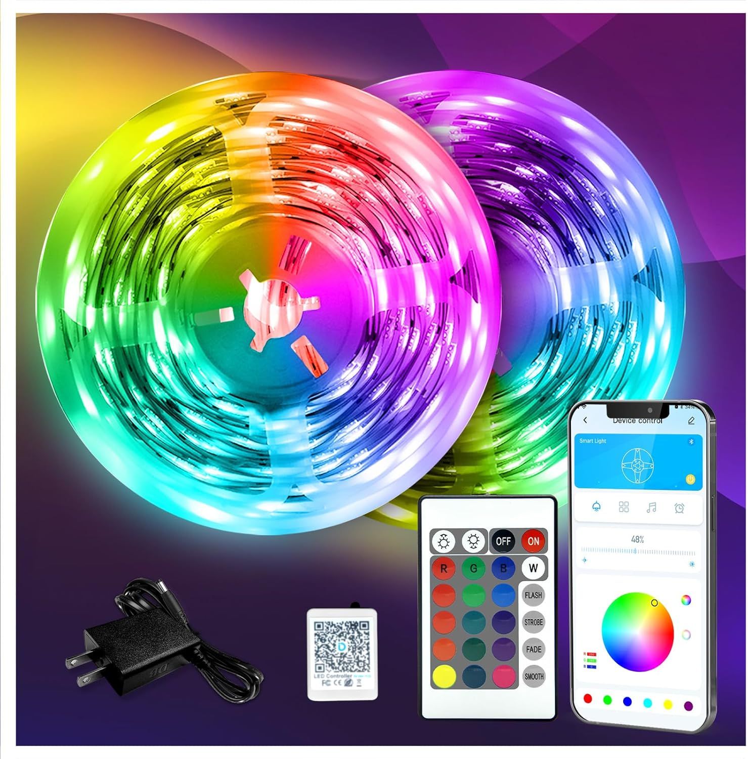 Showcases the core product—RGB LED strip lights—displaying their vibrant color-changing capability and included control options (remote and smartphone app) to communicate versatility and ease of…