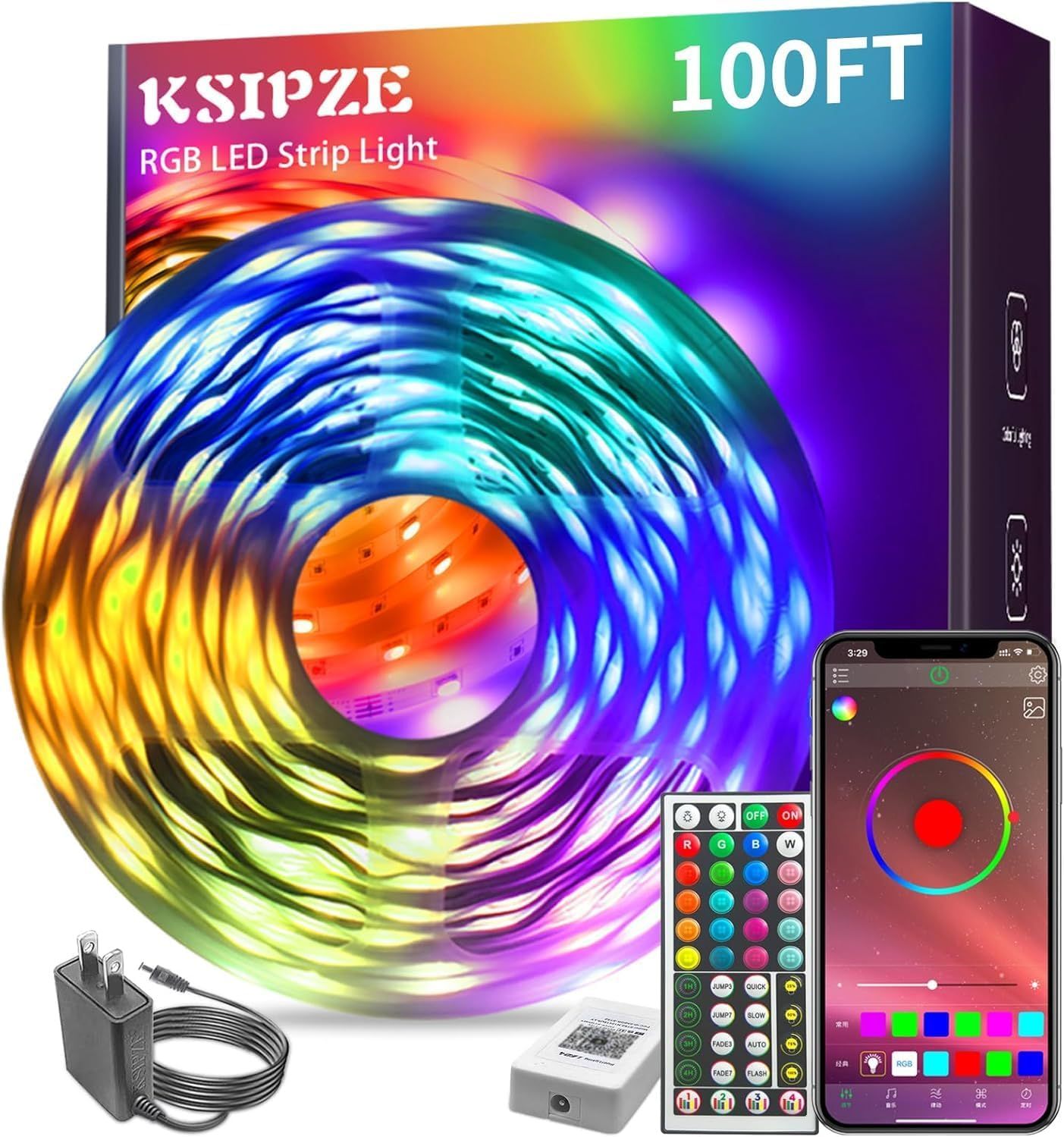 Shows the complete RGB LED strip light product with its packaging, remote control, app interface, and power adapter to communicate what the buyer receives and how they can control the lighting…