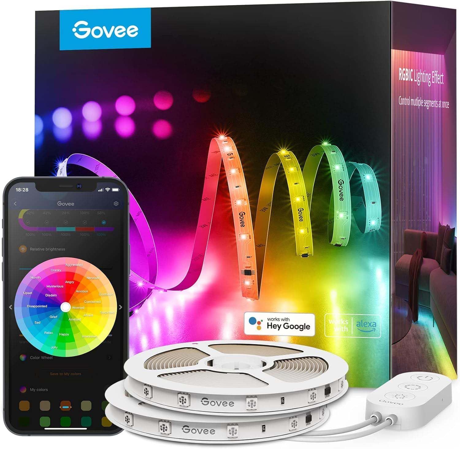 Shows the complete smart LED light strip system including the physical strips, control app interface, and voice assistant compatibility to communicate the product's smart home capabilities and…