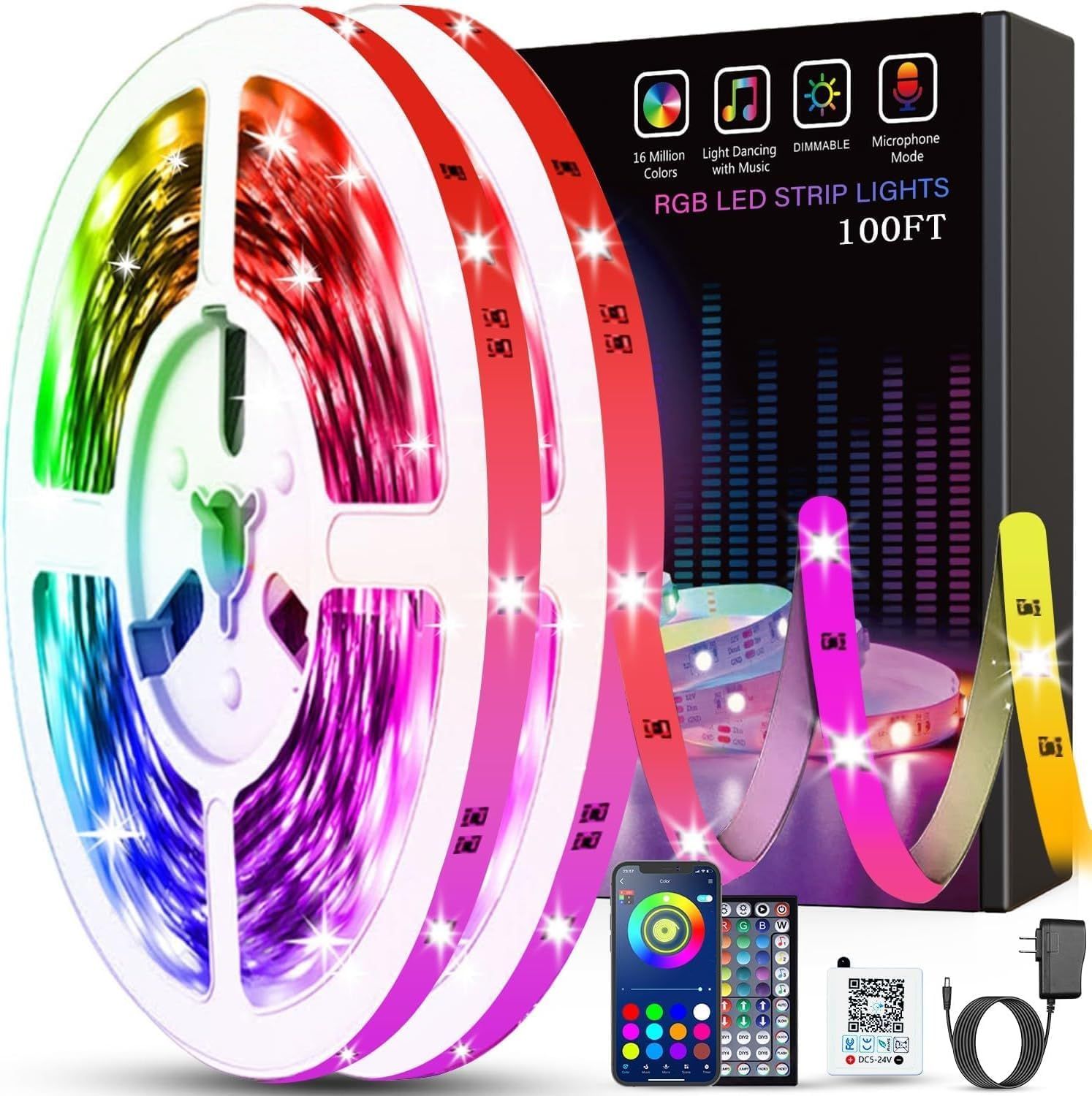 Displays the core product—100ft RGB LED strip lights—showing the vibrant multi-color capability and included accessories to communicate what the buyer receives. Shows all included accessories and…