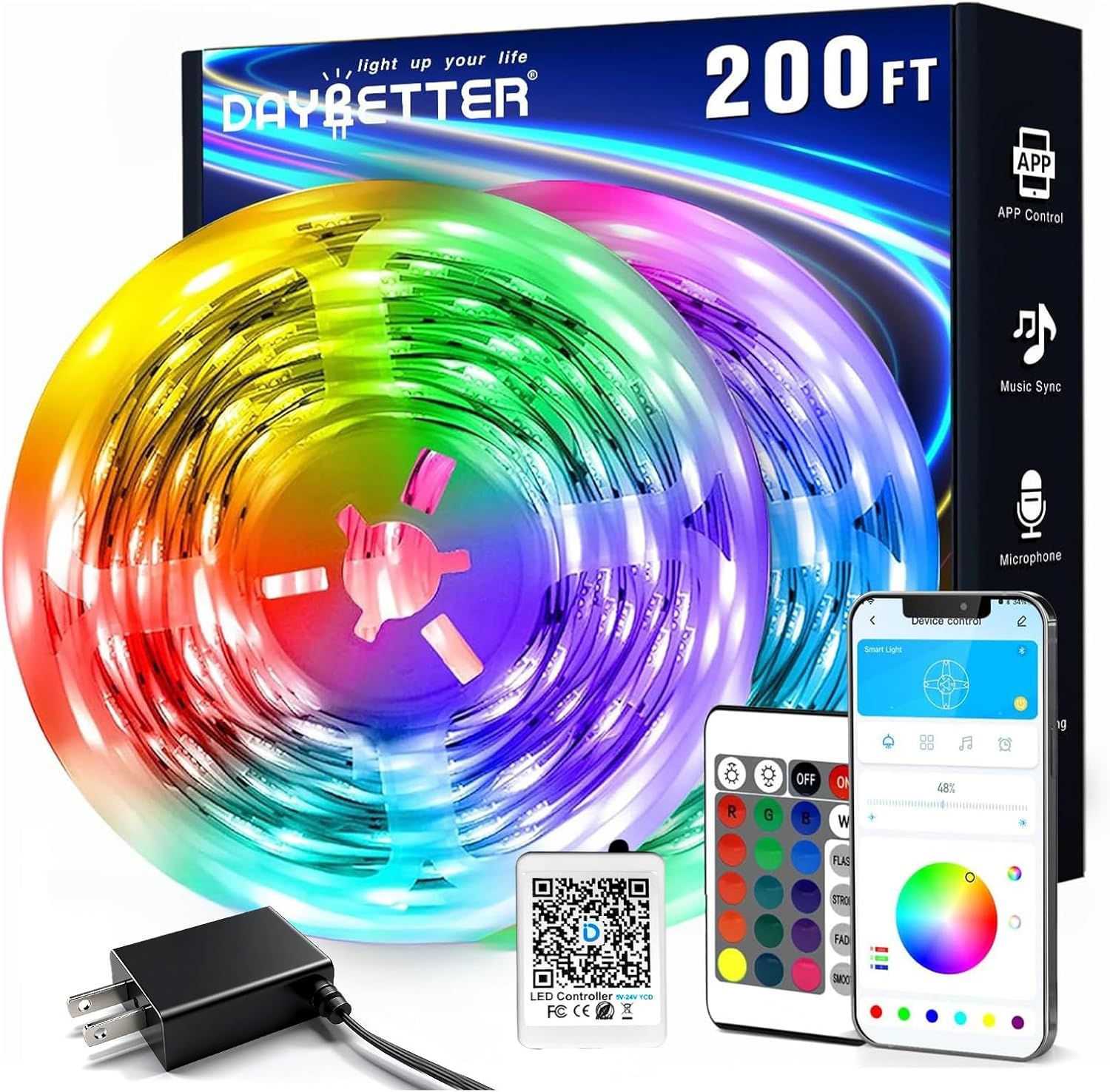 Shows the complete LED light strip product with all included components (strip, controller, remote, power adapter) and demonstrates the vibrant RGB color capabilities to communicate the product's…