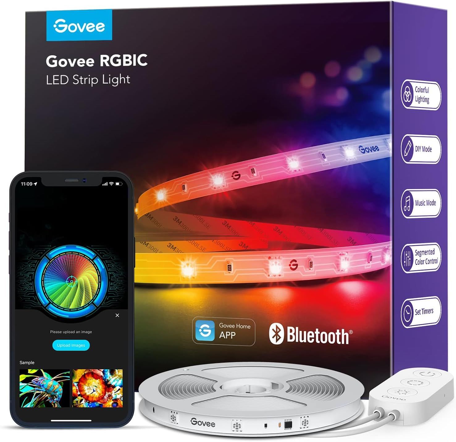 Shows all included components in the package: the LED strip light reel, remote control, and smartphone app interface, reassuring shoppers they receive everything needed for complete setup and…