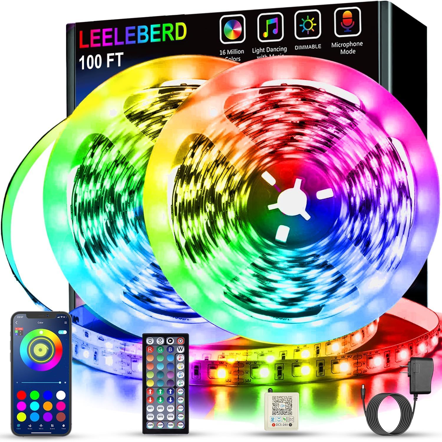 Shows the core product—a 100 FT RGB LED light strip—along with its control accessories (smartphone app and remote) to communicate the product's vibrant color-changing capabilities and ease of…