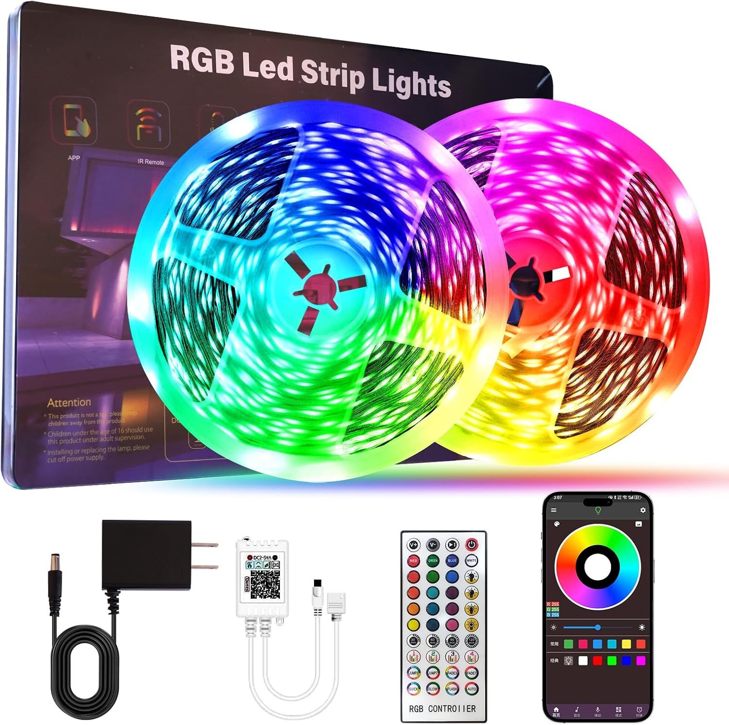 Displays the core product—two coiled RGB LED strip lights—alongside its retail packaging to show shoppers exactly what they are purchasing and its vibrant color-changing feature. Shows all included…