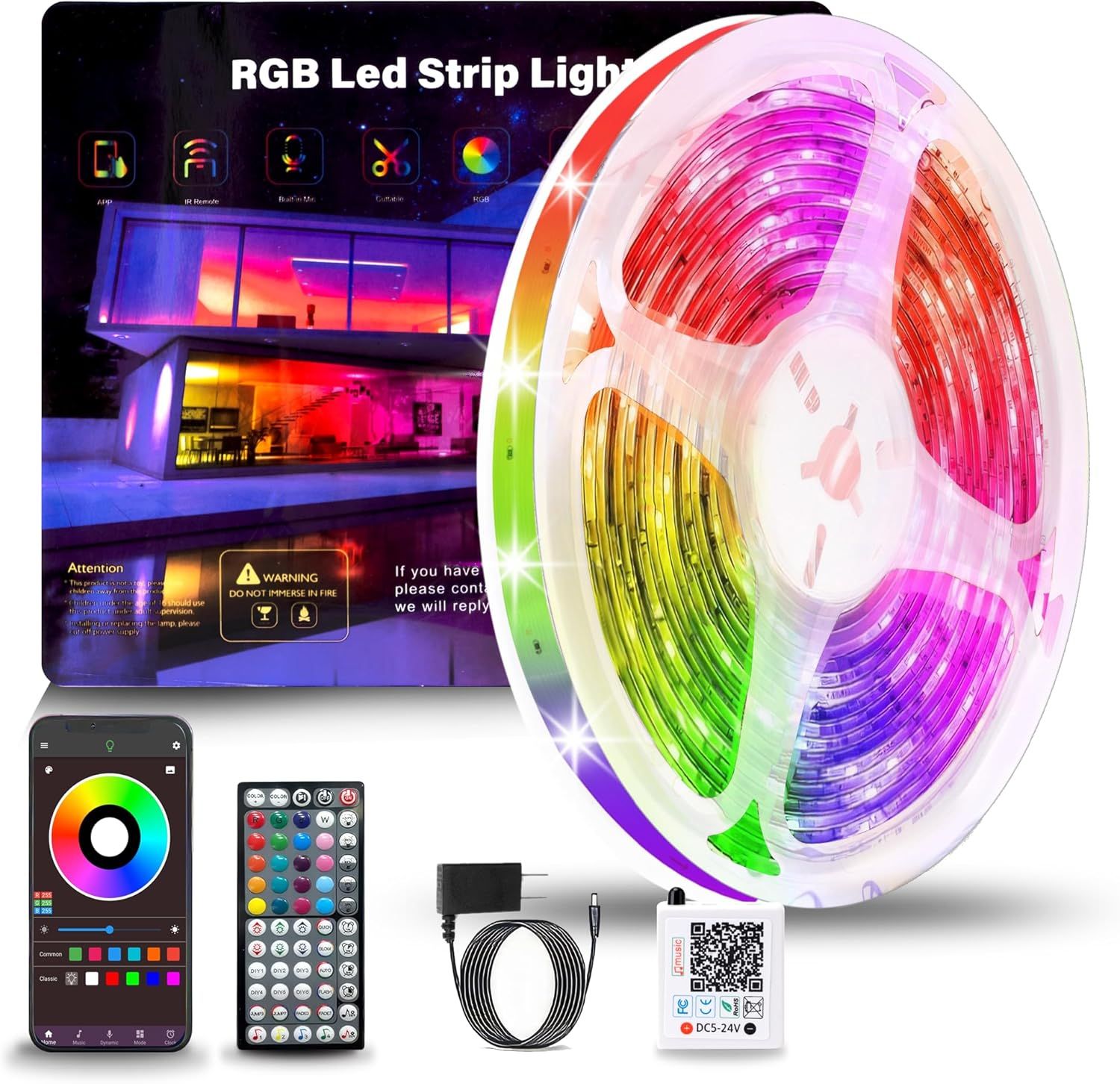 Displays the complete RGB LED strip light product with all included components (strip, smartphone app interface, remote control, power adapter, and controller) to show shoppers exactly what they…