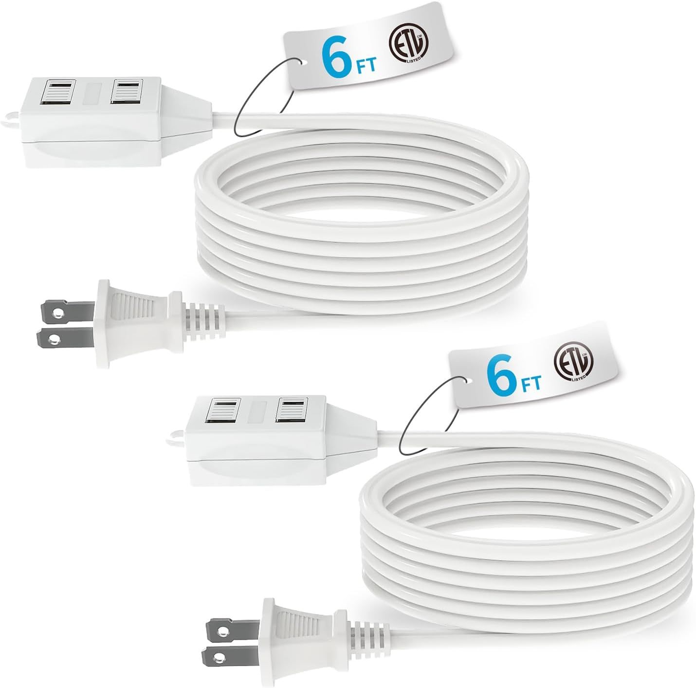 Shows the core product clearly - a white extension cord with USB charging ports and ETL certification, emphasizing its 6-foot length and dual functionality. Uses graphic overlays including the 6 FT…