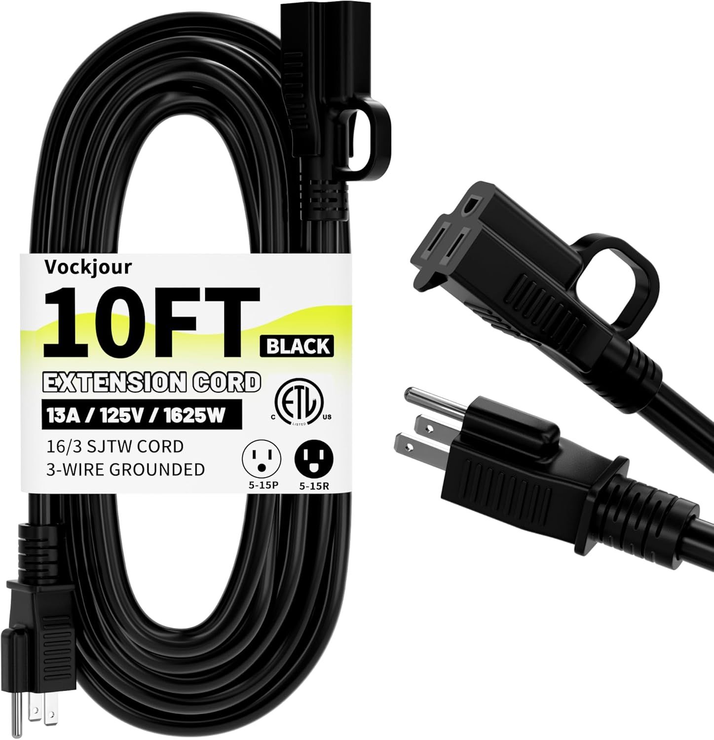 Shows the core product clearly - a black 10-foot extension cord with both male and female ends visible, communicating the length and connector types to help shoppers understand what they are…