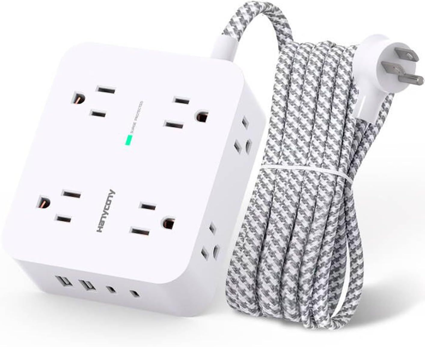 Shows the core product clearly on a white background to communicate its design, outlet configuration, USB charging ports, and included braided power cord for catalog browsing.
