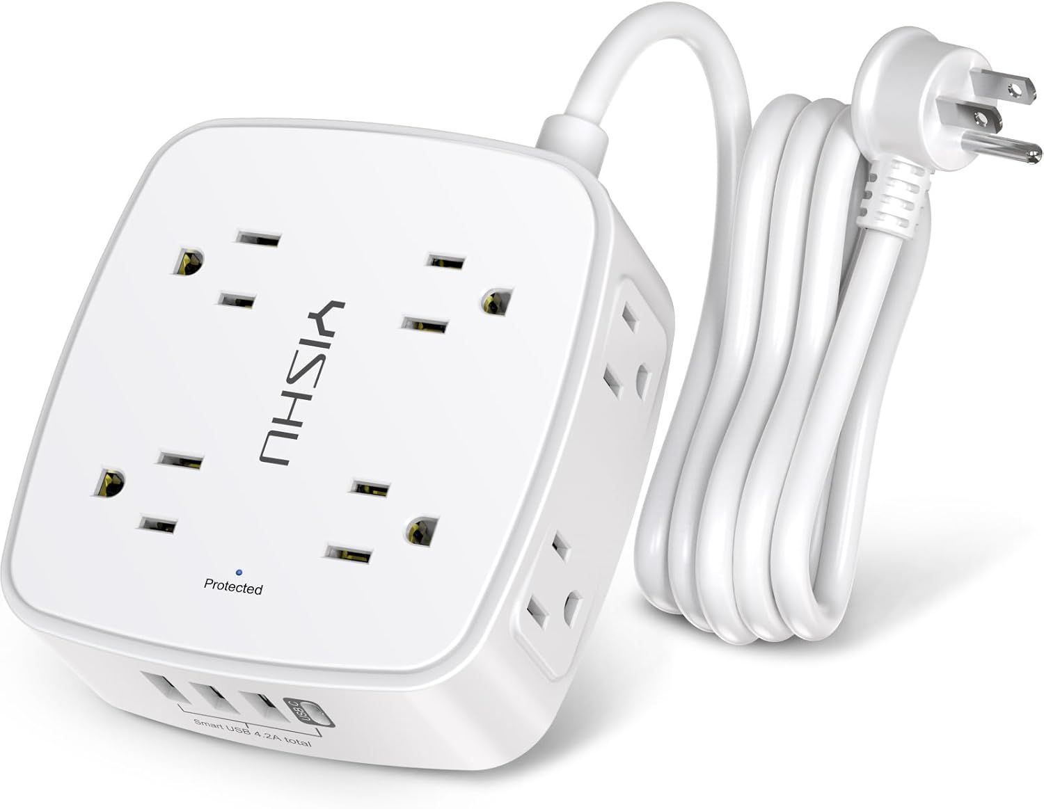 Shows the core product clearly on a white background to communicate its design, outlet configuration, and included power cord.