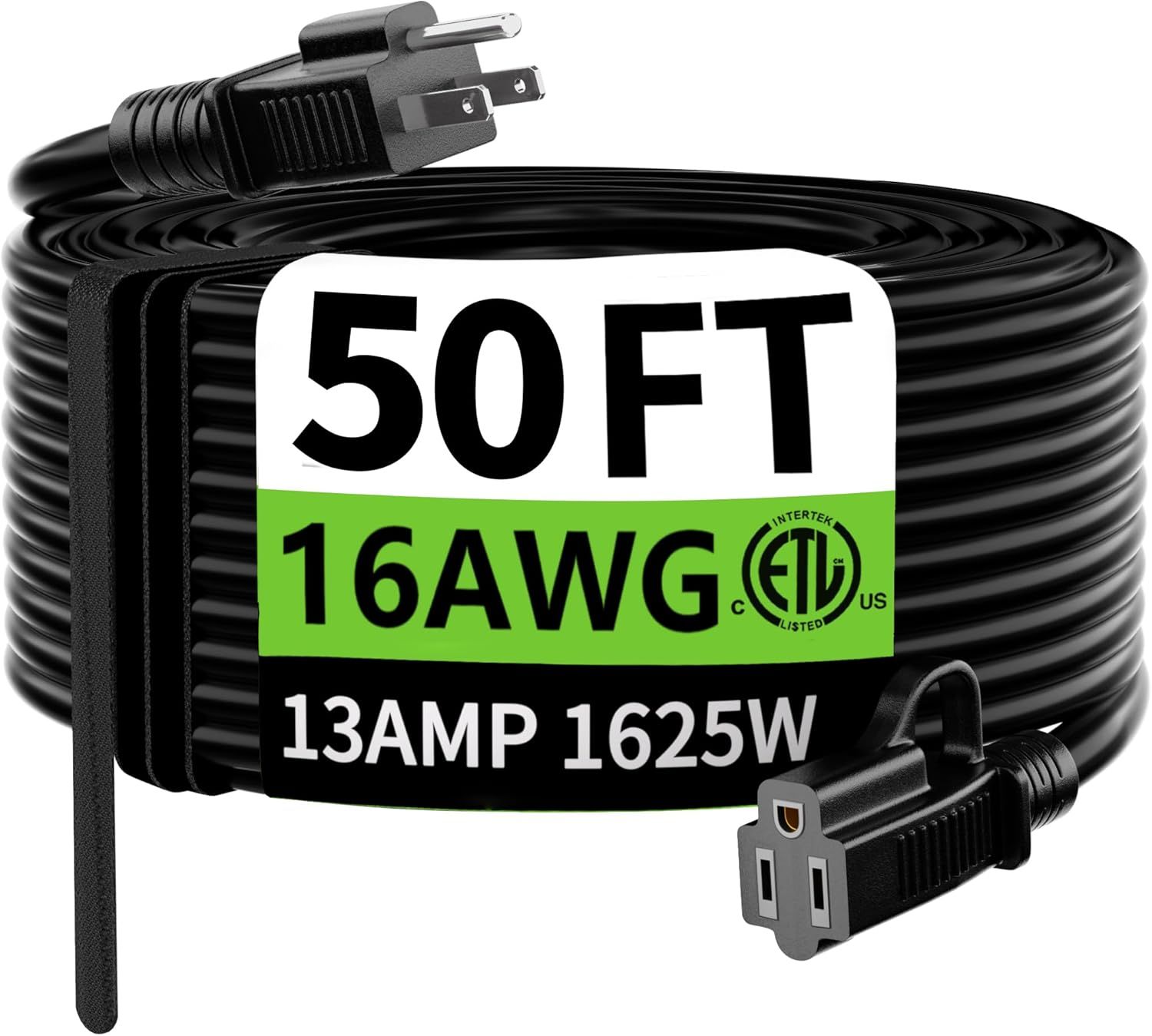 Shows the core product, a 50-foot extension cord with specifications clearly visible, to communicate the length, gauge, and power capacity to shoppers. Displays the product label showing key…