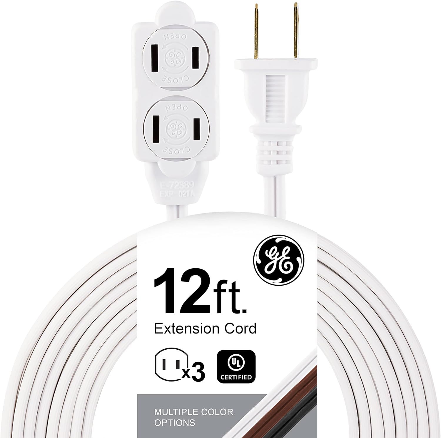 Shows the core product—a 12-foot extension cord with 3 outlets and plug—clearly displayed to communicate what the buyer will receive. Displays the retail packaging label showing key product details…