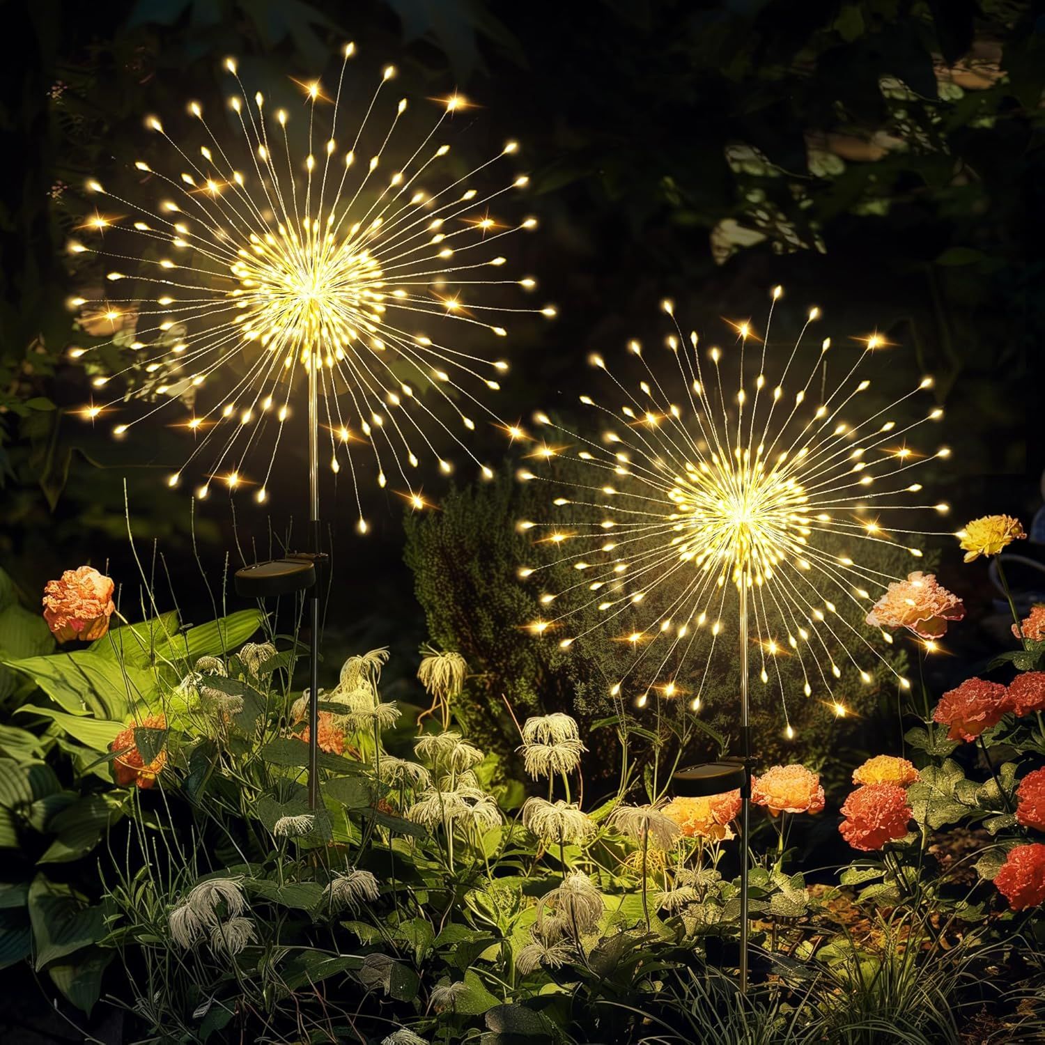 Shows the decorative solar lights in a real garden setting at night to demonstrate how they create a beautiful, festive ambiance in outdoor spaces. Demonstrates the product actively lit up and…