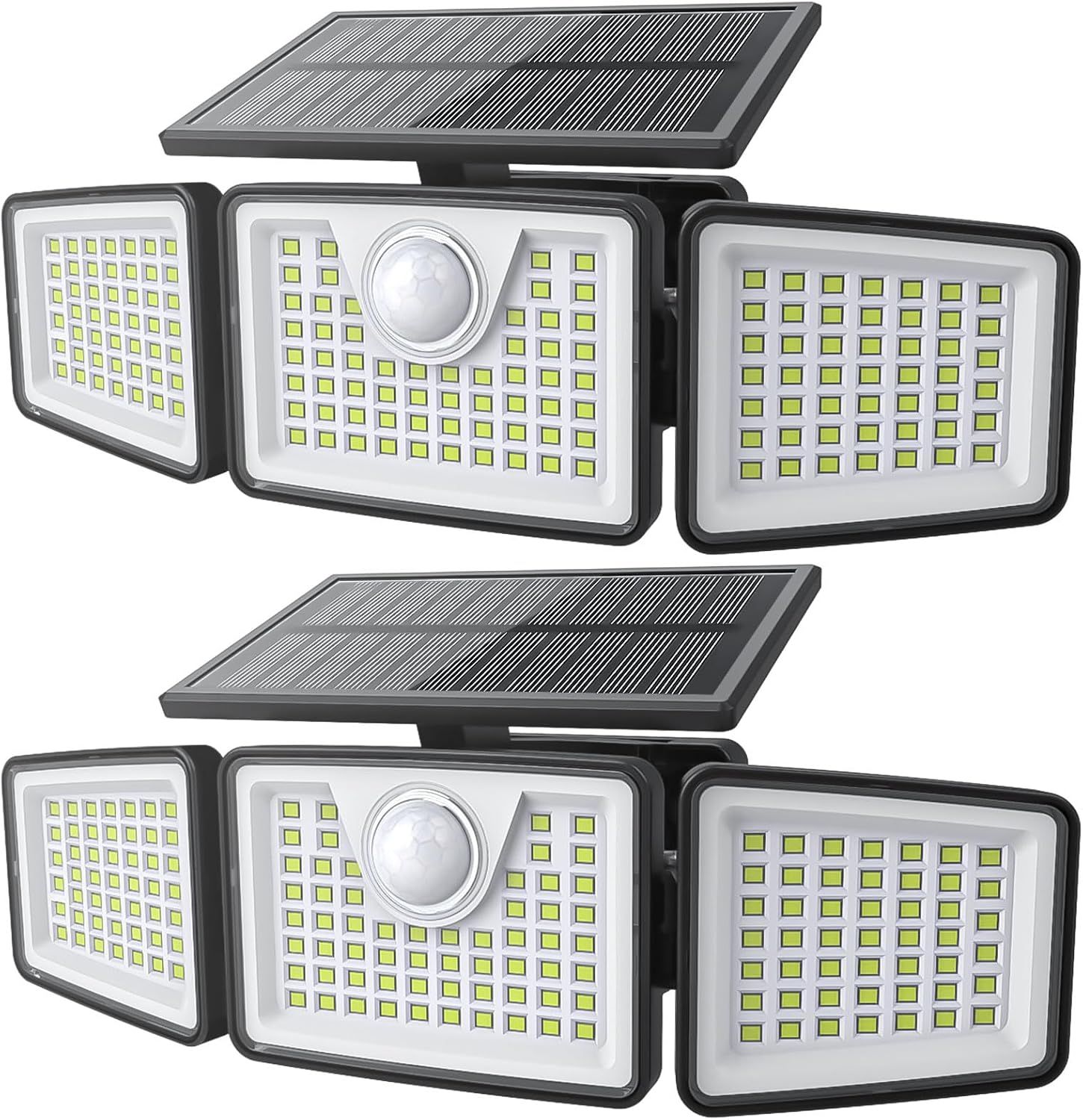 Shows the core product clearly with all its key components visible including the solar panel, motion sensor, and three adjustable LED light heads to help shoppers understand what they are purchasing.
