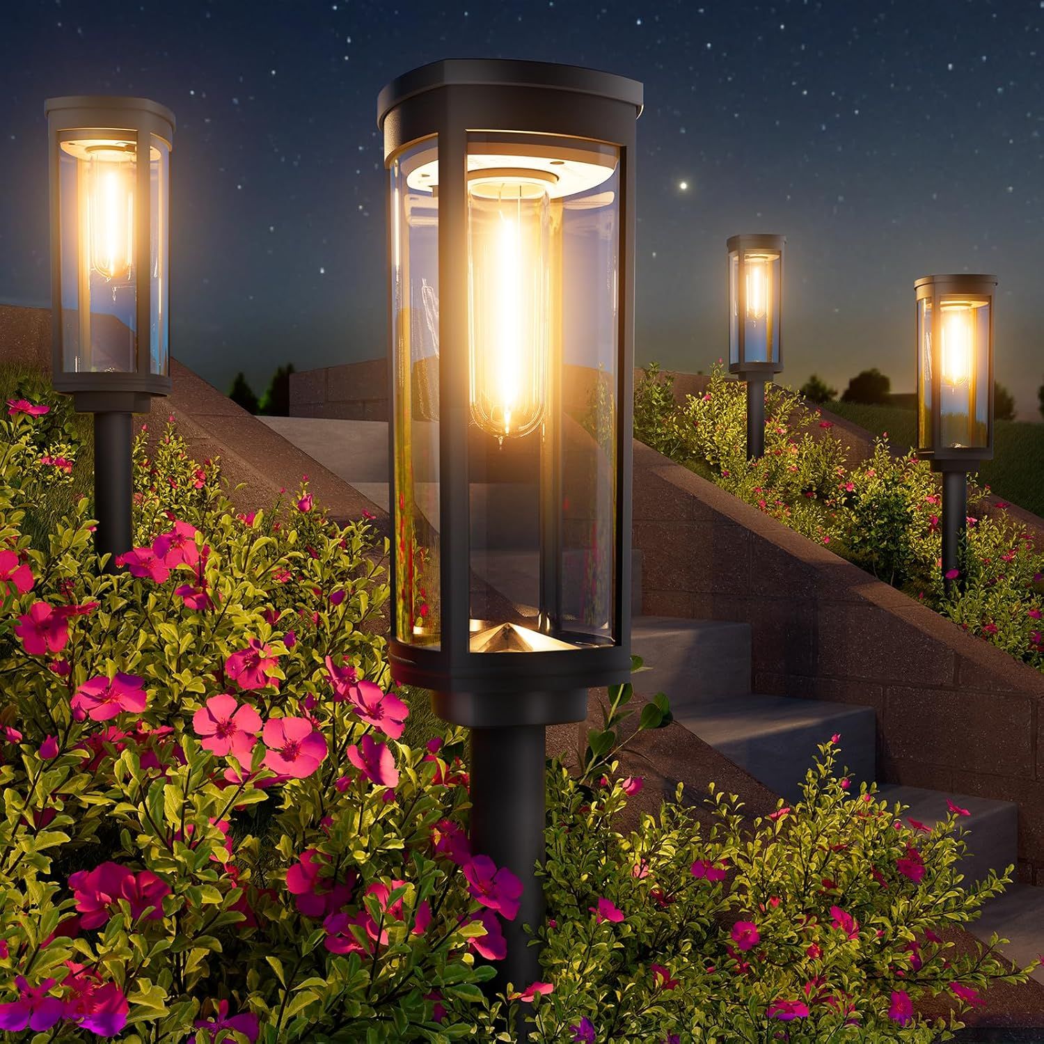 Shows the outdoor path lights in their intended use environment at night, demonstrating their illumination capability and aesthetic design to help shoppers visualize how they would look in their own…