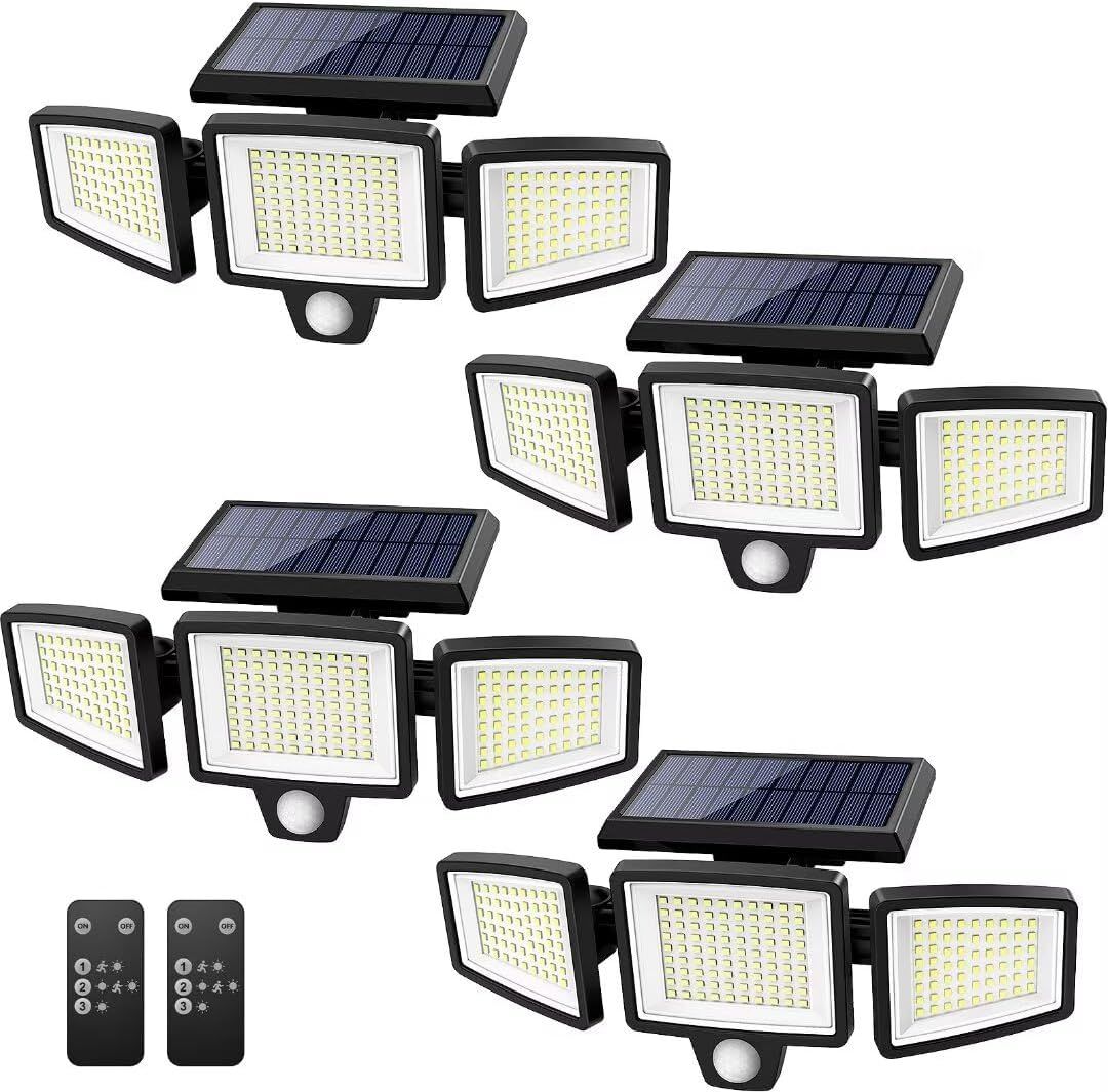 Displays the core product—a multi-pack of solar-powered LED security lights with motion sensors—to show shoppers exactly what they will receive, including the solar panels, adjustable light heads,…