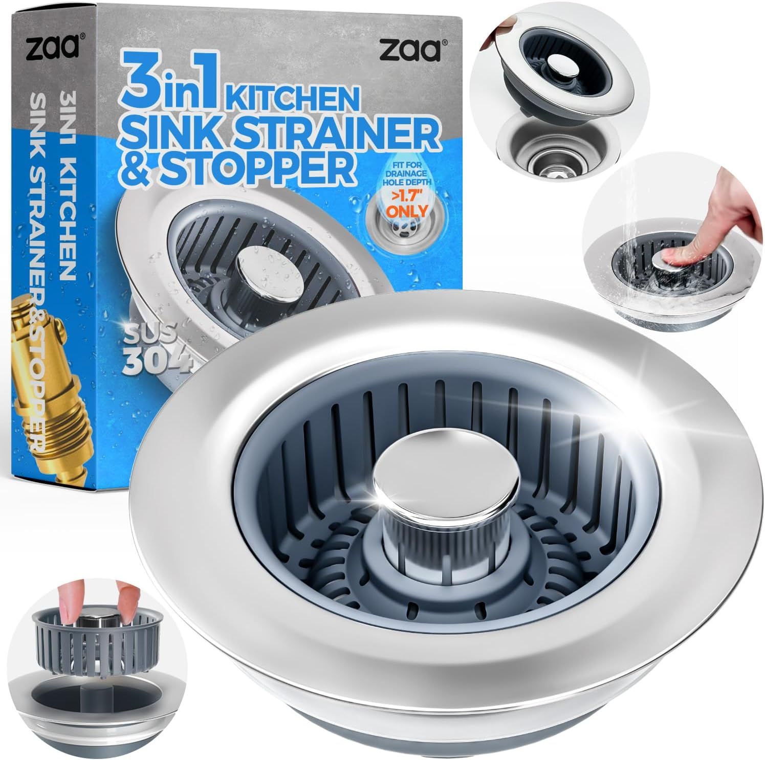Displays the core product clearly with its dual-function strainer and stopper design, showing the physical item the customer will receive. Shows the retail packaging box to give shoppers confidence…