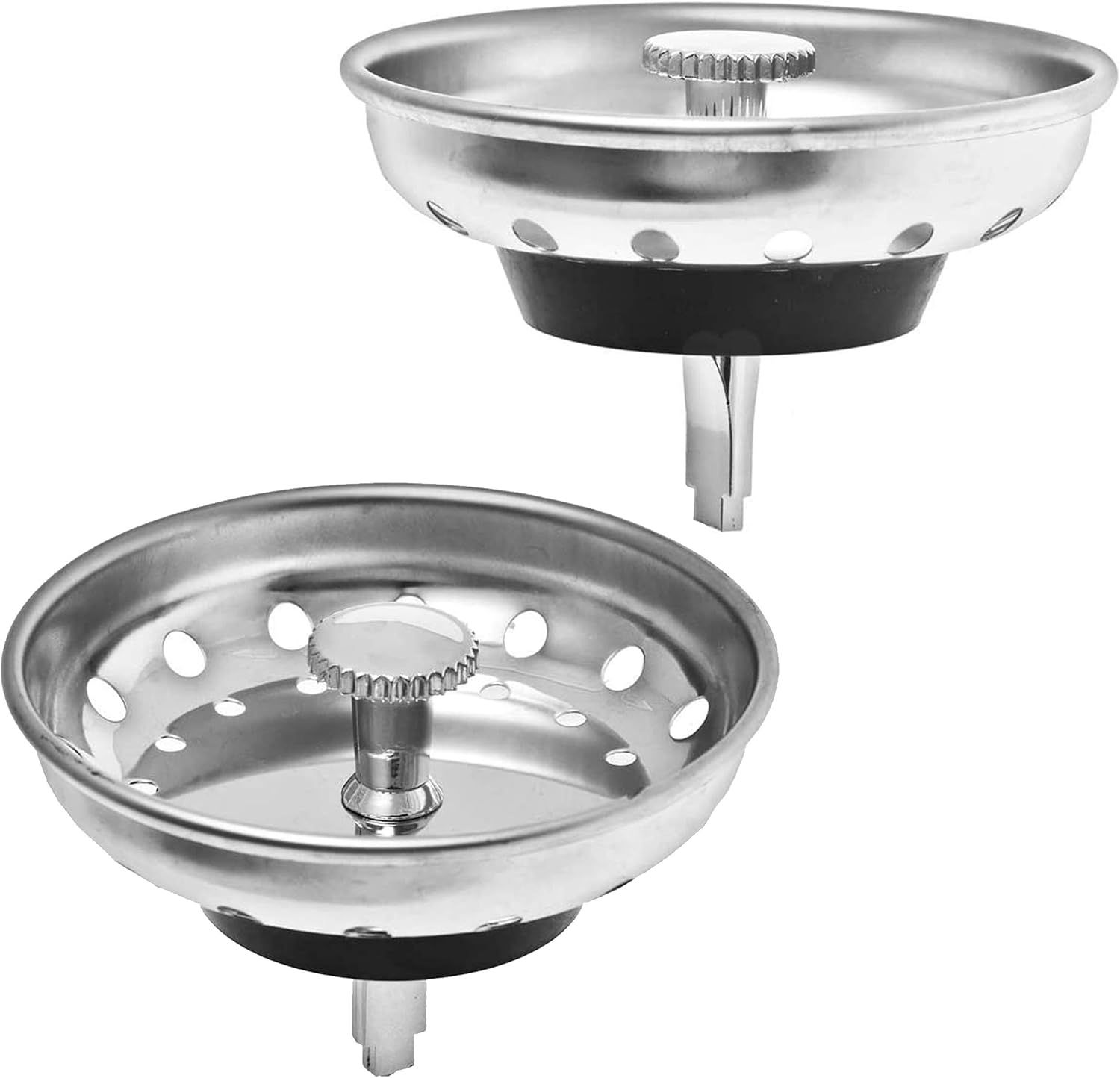 Shows the core product clearly on a white background to communicate what the buyer will receive: two stainless steel sink strainers with different hole patterns for versatile drainage. Displays two…
