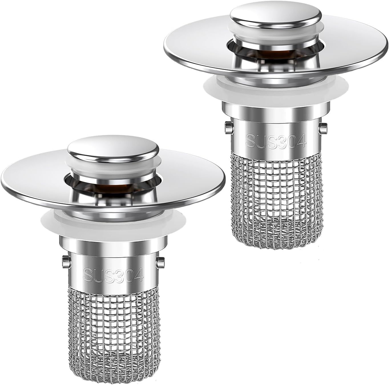 Displays the core product clearly on a white background to show the drain stopper's construction, including the SUS304 stainless steel material and mesh filter basket design that prevents clogs.…