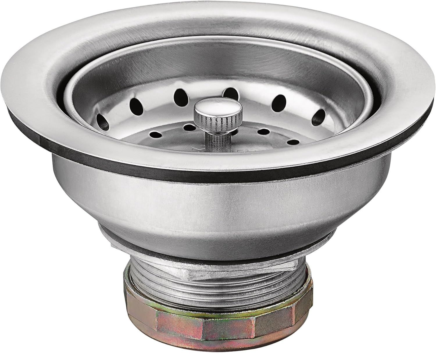 Displays the kitchen sink strainer as a clean catalog product shot, showing its stainless steel construction, drainage holes, center post mechanism, and threaded mounting hardware to help shoppers…
