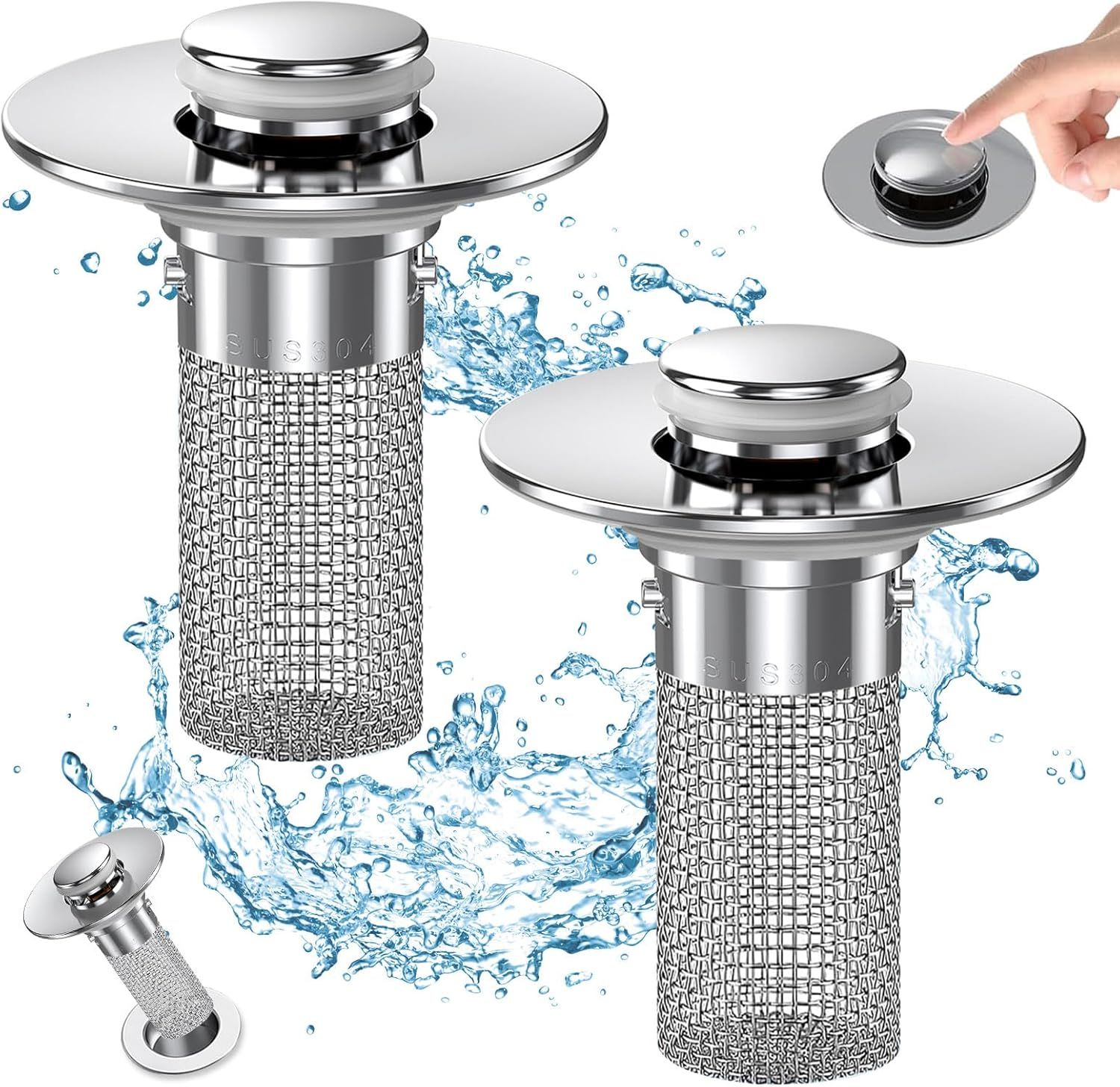 Shows the core product, a sink drain strainer with mesh filter basket, to communicate its design and construction quality. Demonstrates how the drain strainer functions to catch debris while…